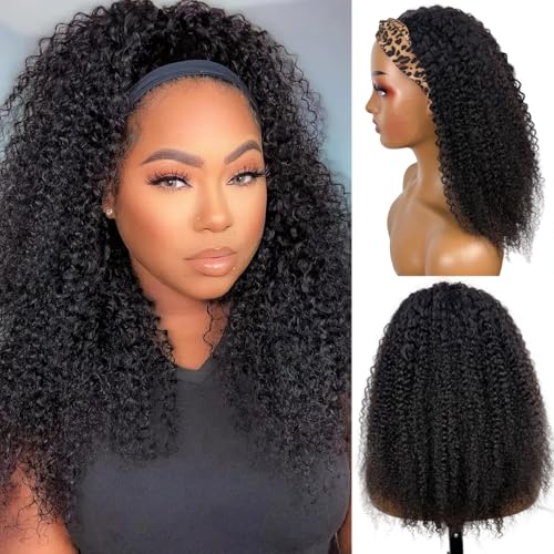 Image of Headband Wig Human Hair Kinky Curly Glueless Wigs 22 Inch Natural Black