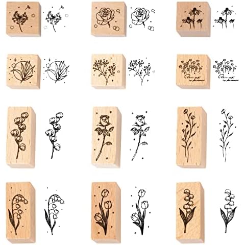 Wooden Plant Patterns Rubber Stamp - Vintage Flowers Silicone Decor Stamps for DIY Craft Card Scrapbooking Supplies Photo Album, Hand Book, Planner, Scrapbooking, 12Pcs Cover