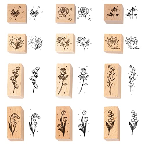 Wooden Plant Patterns Rubber Stamp - Plant And Flower Decorative Wooden Rubber Stamp Set For Diy Craft Card Scrapbooking Supplies Photo Album, Hand Book, Planner, Scrapbooking, 12Pcs #TOP20