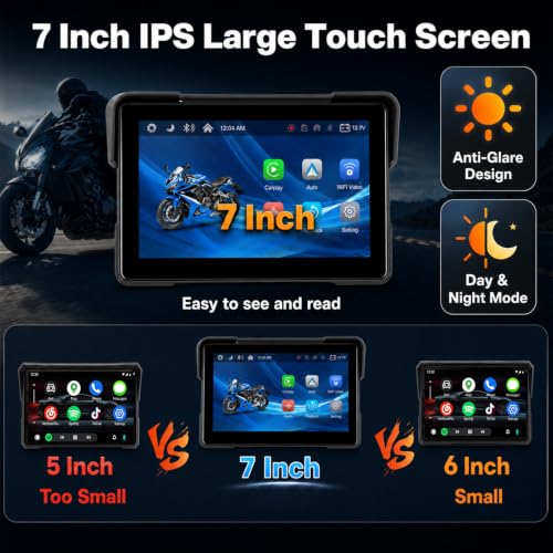 Image of SIXTOP 7 inch Motorcycle CarPlay Screen w Dual 1080P Dash Cam CarPlay Android Auto GPS Navigation System for Motorcycle IP67 Waterproof Touch Screen Bluetooth Voice Control Wired Control Magnetic Mount