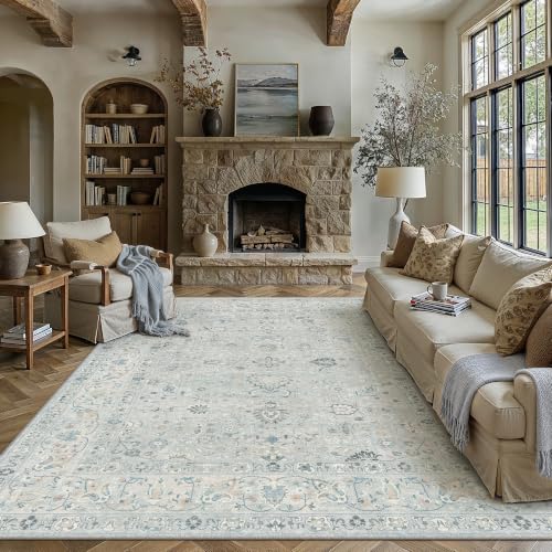 PureCozy Washable Area Rug 8x10 Blue Gray Netural Distressed Vintage Carpet