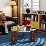 Runder Couchtisch aus der Mitte des Jahrhunderts mit Tischplatte aus gehärtetem Glas und Beinen aus Massivholz, dekorativer Wohnzimmer-Beistelltisch für Wohnzimmer, Schlafzimmer und mehr