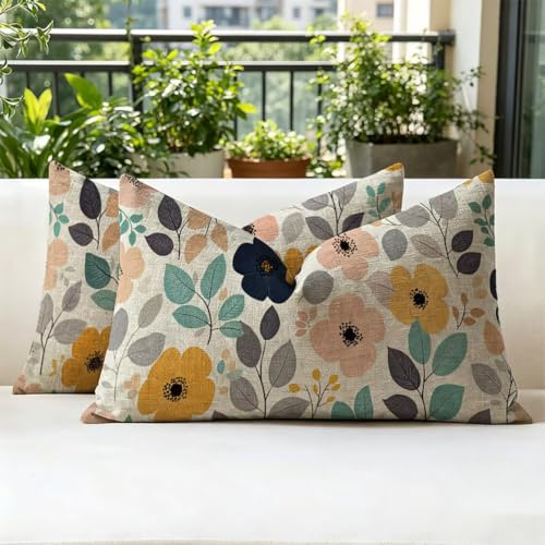 Housse de coussin extérieur imperméable 50x70 lot de 2 blanc à fleurs en lin - 3