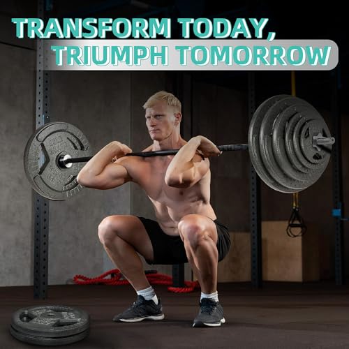 Image of Fitvids 1 Inch Standard Barbell Weight Plates and Bar Set, 5 FT Barbell Bar and 85 LB(2.5-25 LB) Barbell Weight Set for Home Gym Strength Training, Triple-handle Design