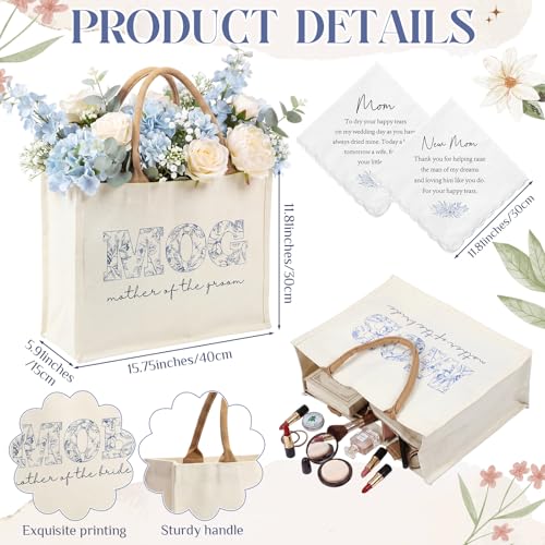 Image of Hushee 12 Pcs Mother of the Bride Groom Gift Set: Satin Robes for Women Tote Bags Makeup Bags 16oz Glass with Straws Handkerchiefs Mirrors for Mom Bridal Shower Wedding Gifts (Blue,Rose)