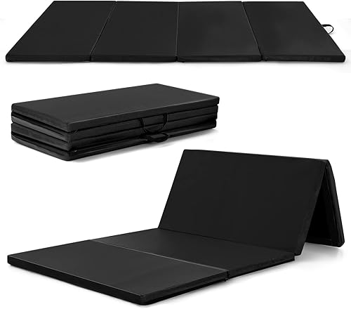 GYMAX Tapete de gimnasia plegable, 8 x 4 x 2 pulgadas de grosor con asas de transporte y cubierta de piel sintética desmontable impermeable, tapete