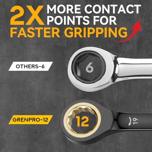Image of GRENPRO Ratcheting Wrench Set Metric And Standard, 9PC 8-19 mm 72Th Long Big Box Open End Ratchet Wrenches Organizer With Color Ring With Roll Up Pouch With 1 Gauge, Large Combination Wrench Tool Sets