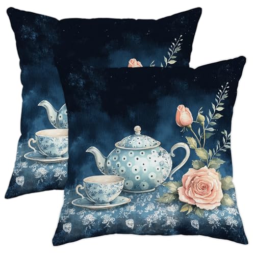Tea Pot Pillow Covers Set of 2, Blue Floral Teapot and Rose Throw Pillows Case, Vintage Decorative Square Rustic Decor Cushion Covers for Home Sofa Bed Couch 16x16 Inch