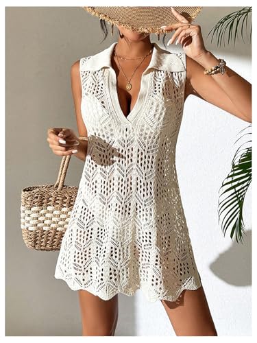GORGLITTER Women's Crochet Swimsuit Coverup Hollow Out Sleeveless Bikini Cover Up Dress Split Hem Beach Dress 20254