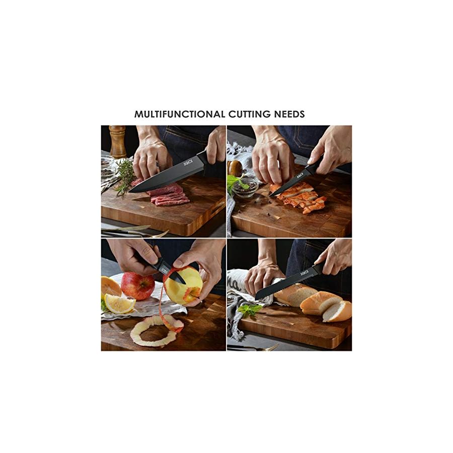 Rainbow Knife Set 18 Pcs Kitchen Knives Set Sharp Stainless Steel Knife Sets Contain 8 Steak Knives Sharpener Peeler Clear Acrylic Stand Beautiful Knife Best Gift (Black 18PCS Set)