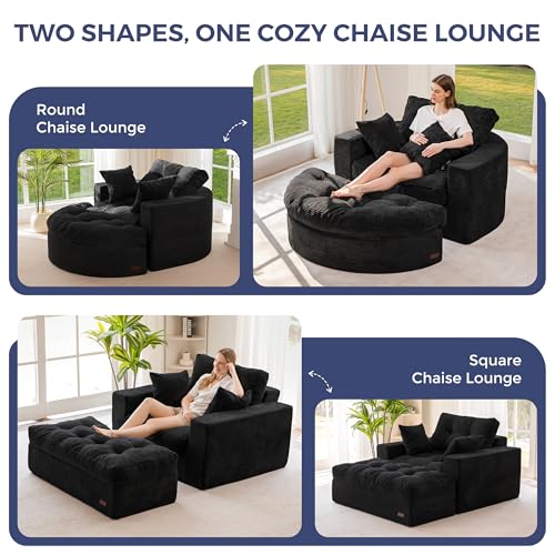 Image of MAXYOYO Modular Sectional Chaise Lounge Sofa, 2 Sets Upholstered Lounge Chair with Ottoman, Comfy Round+ Square Couch with Layered Cushion, Tufted Sleeper Chair for Living Room, No Assembly, Black