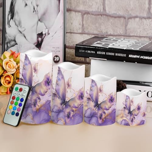 Image of Purple Butterfly Marble Flickering Flameless Candles with Remote LED Pillar Candles Battery Operated with Timer Color Changing Electric Candles Decoration