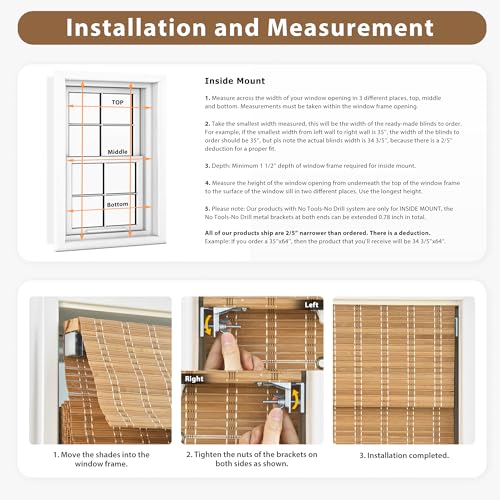 Image of LazBlinds No Tools No Drill Cordless Bamboo Roman Shades, Light Filtering Window Treatment, Roll Up Bamboo Blinds for Windows 45'' W x 48'' H, Ceylon Light Russet