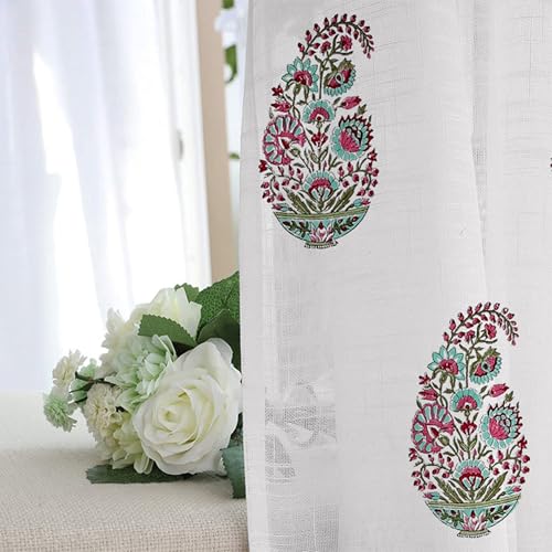 Image of LINENWALAS Printed Decorative Cotton Sheer Curtains 5 Feet Long Set of 2 Panel, Grommet Hanging, Paisley Bloom Curtains for Children Room, Living Room, Home Decor (L-5 x W-4.5 Feet), White