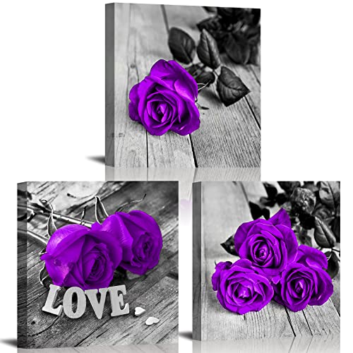 Purple Room Decor Flowers Canvas Wall Art for Living Room Decorations Rose Wall Decor Bathroom Pictures Romantic Bedroom Decor Accessories Black and Purple Floral Posters Modern Artwork 12x12â€3Piece