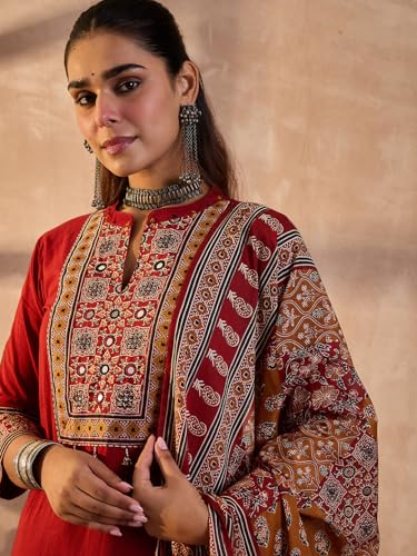 Image of INDO ERA Women's Straight Pure Cotton Floral Self Design Kurta & Pant With Dupatta Set | Kurta Sets For Woman