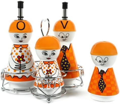 Orange Family Ceramic Oil and Vinegar Dispensers, Salt and Pepper Shakers Cruet Set