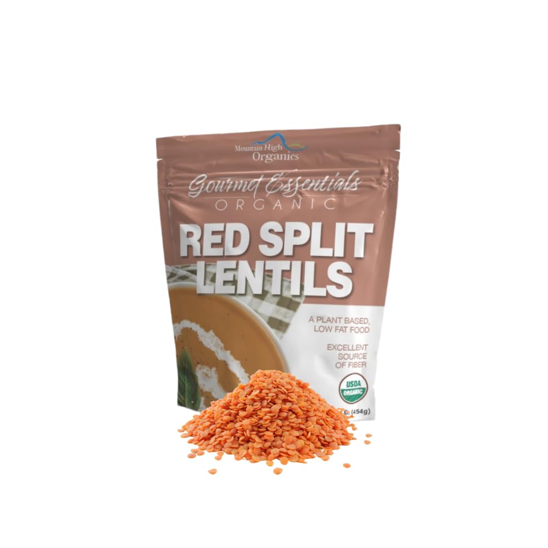 Mountain High Organics Certified Organic Dried Red Split Lentils, Bulk, Sproutable, Masoor Dal, Non GMO, Vegan, Plant Based Protein and Fiber,25 lb (Pack of 1)
