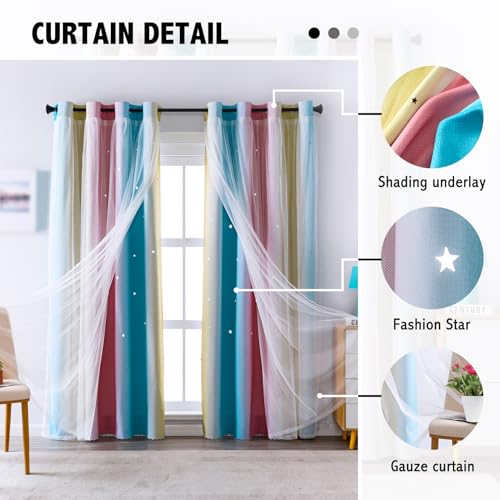 Image of indistar Kids Curtains for Girls Bedroom Aesthetic Decor Colorful Double Layer Star Cut Out Stripe Pink Rainbow Window Wall Home Decoration Curtain,1 Panel(Green /Pink W52 x L72 inch)
