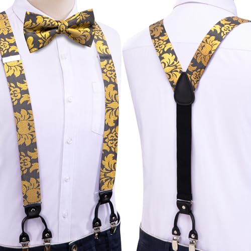 Image of Dubulle Suspender and Bow Tie for Men Paisley Solid Mens Suit Braces Pretied Bowtie and Handkerchief Cufflinks Formal Wedding