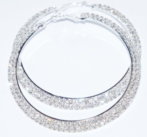 Fashion Jewelry Dazzling Silver Tone 2 Row Crystals Rhinestones Hoop Earrings 50mm in Width