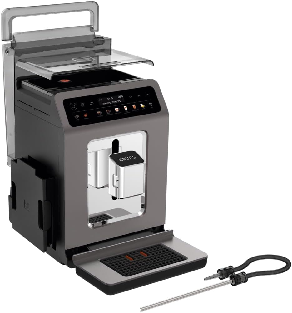 lateral view of KRUPS Evidence One EA895E with top lid open and milk tube