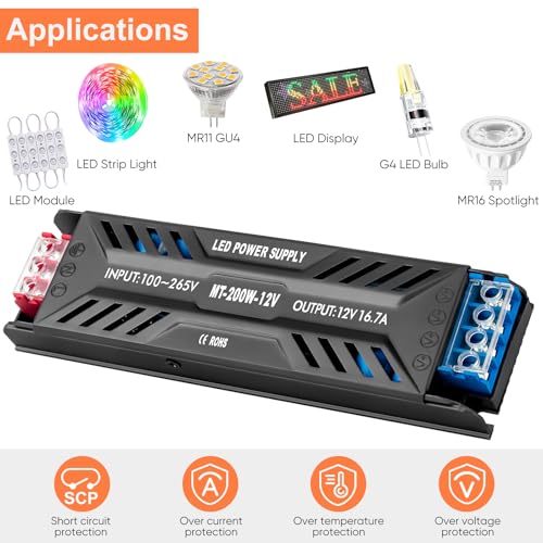 Image of LED Power Supply 12V 200W, LED Driver 16.7A, 120V AC to 12V DC Transformer, IP20 Compact for Home Lighting, LED Lamps