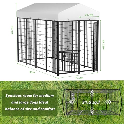 LOVMOR Outdoor Dog Kennel with Roof, Heavy Duty Steel Dog Run Enclosure for Medium Dogs, Waterproof Canopy, Double Latch Door, Adjustable Feeding Bowls, Pet Pen for Yard and Patio, 8’L x 4’W x 5.6’H - Thumbnail 2