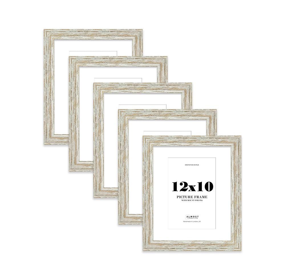 12x10" Distressed White Oak Picture Frame with 9x6" Mount - Reclaimed Wood Style Photo Frame with Distressed Finish, Wall Hooks and Kickstand, 32mm Edge - 5 Pack
