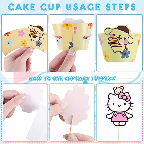 Grusemi 48 Pcs Hello Cartoons Anime Cake Decorations Cupcake Toppers Cupcake Wrappers Set With 24 Pcs Cupcake Toppers, 24 Pcs Cupcake Wrappers For Theme Birthday Party Supplies Favor #TOP6