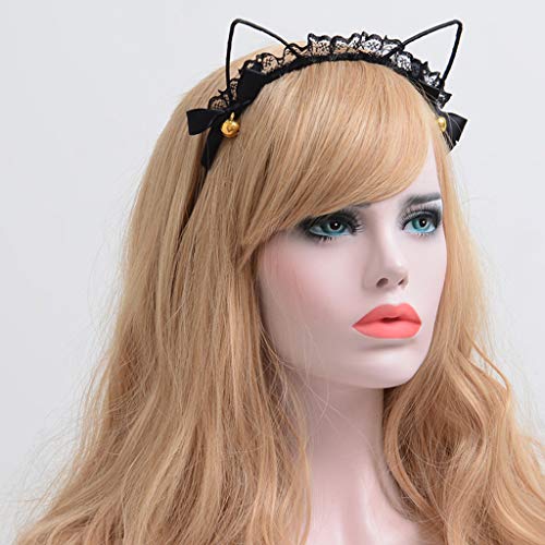 KAMONDA Argola de cabelo, orelhas de gato, tiara para cosplay com pequenos sinos, laço, babados, ren