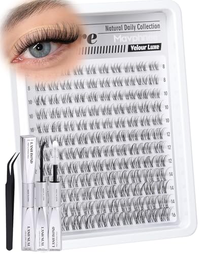 Clear Band Lash Clusters Kit Natural Cluster Eyelash Extensions Kit Wispy Individual Lashes CC-Curly Cluster Lashes Venus Eyelash Clusters Lash Bond and Seal Easy DIY Lash Kit (Velure 8-16MM)