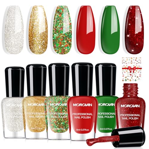 Morovan Christmas Nail Polish Set: 2025 Glitter Red Green Gold Silver Fingernail Polish Kit with Sticker Winter Quick Dry Regular Nail Polish Pack Manicure Gifts for Women Girls Holiday Party