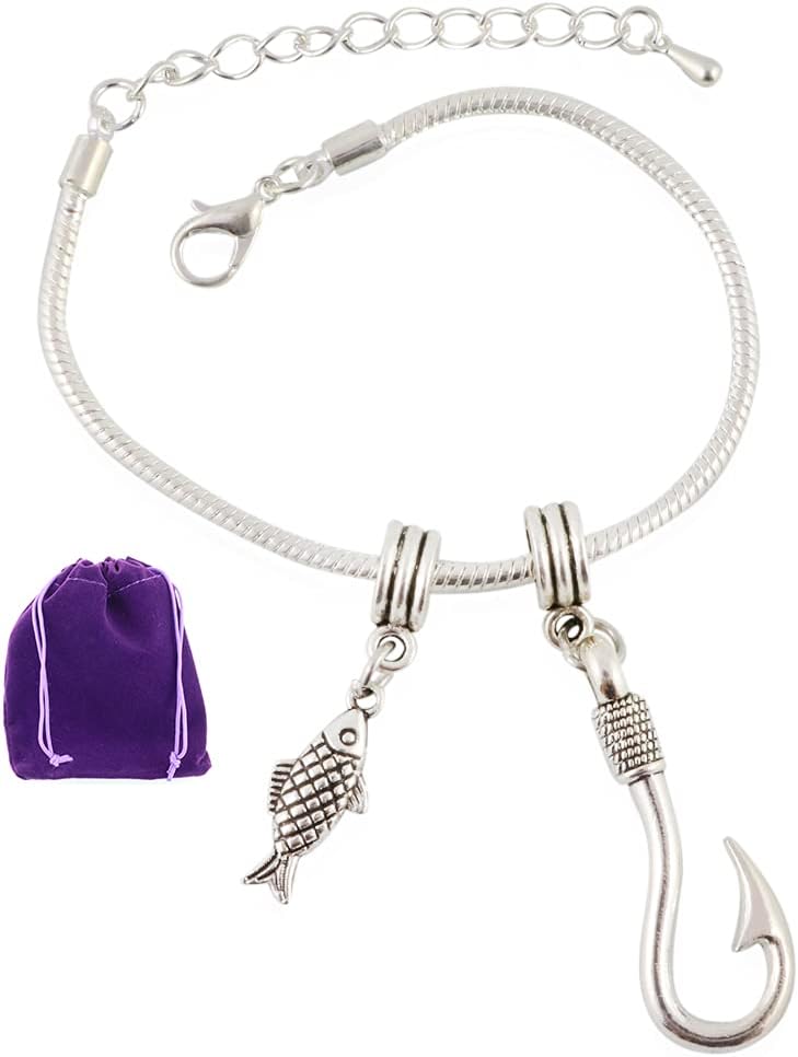 Fish and Hook Snake Chain Charm Bracelet