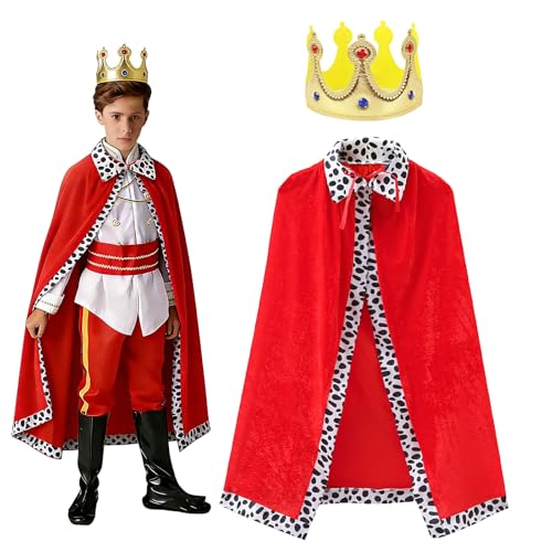 GHUAP 90cm Capa para Niños, Disfraz Rey Mago Niño, Disfraz Príncipe Rey Reina Abrigo Carnaval, Capa de Rey con Corona Rey, Disfraz Niño Rey Mago, Disfraz Principe Niño, Disfraz Rey del Día del Niño