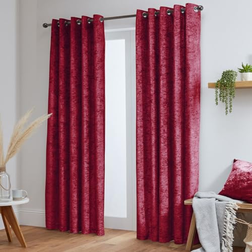 John Aird Crushed Velvet Fully Lined Eyelet Curtains (Raspberry Red, 46" Wide x 54" Drop)