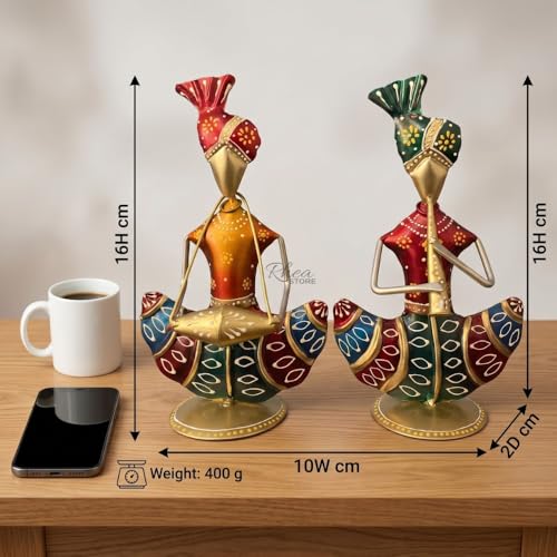 Image of Sitting Sardar Set of 2 Golden Handcrafted Rajasthani Musician Figurines, Traditional Metal Table Decor Showpiece for Office Desk, Corporate Bulk Gifting (2x10x16 cm)