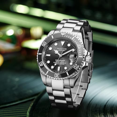 Image of ROCOSJEWE Men Analogue Silver Band Automatic Mechanical Watch Black /Green Dial Ceramic Bezel Waterproof Wristwatch Luminous Calendar Display Stainless Steel Adjustable Strap Gifts R0158Green