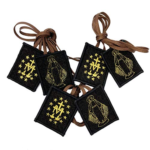 Miraculous Medal Brown Scapulars - Wool Embroidered Mt Carmel Escapularios de la Virgen del Carmen - Escapularios Catolicos (Miraculous Medal Embroidered 3-pack)