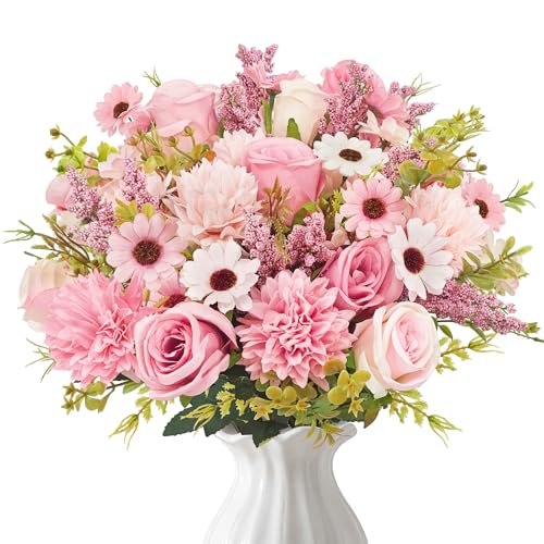 TINA 4 Bündel Künstliche Blumen Rosen Blumenstrauß Kunstblumen wie Echt Künstliche Pfingstrose Kunstrosen Seidenblumen Frühlingsdeko Fake Blumen Pflanzen Deko für Hochzeit Tischdeko Party