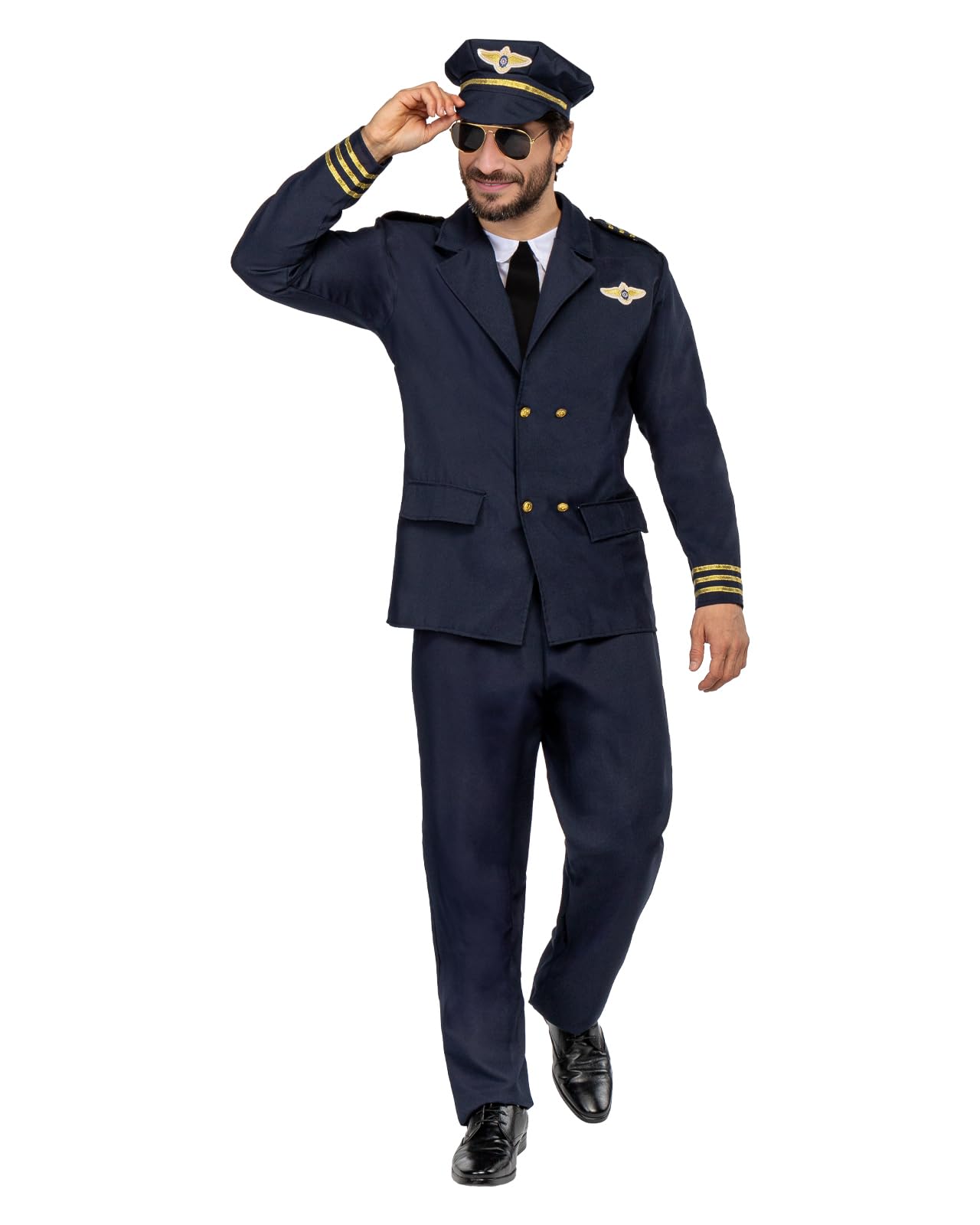 Funidelia Disfraz de piloto de aviones para hombre, Traje original con pechera, corbata, pantalón y gorra, Disfraces de Carnaval, Halloween y Fiestas – Talla S