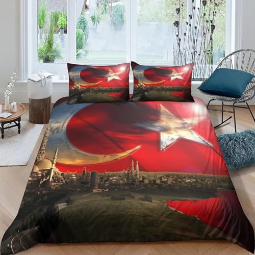 Housse de Couette 140x200 cm Drapeau Turc Parure de Lit Drapeaux 1 Personne Housse Couette Imprimée 3D Microfibre Douce avec Fermeture Éclair et 2 Taies d'oreiller C/2684