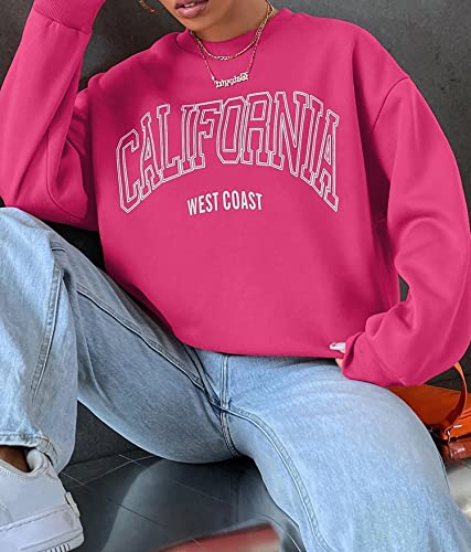 Cioatin Women’s Oversized California Letter Graphic Crew Neck Sweatshirt Drop Shoulder Baggy Fleece Pullover Preppy Top Hot Pink #TOP1