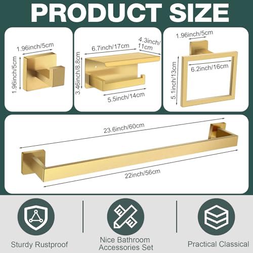 Image of 15 Pcs Bathroom Accessories Set, 24 Inch Bathroom Hardware Set, Stainless Steel Bath Towel Bar, Towel Racks, Robe Hook, Toilet Paper Holder with Phone Shelf Wall Mounted for Gifts (Gold)