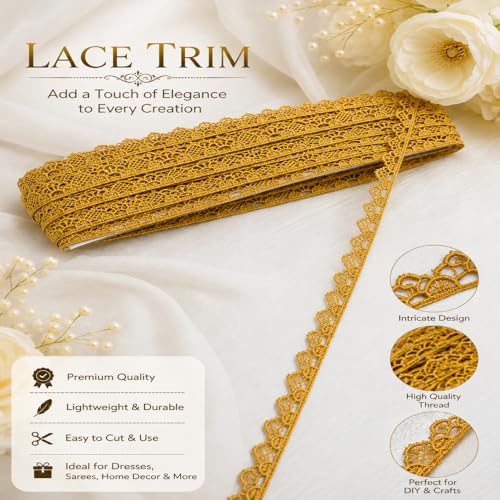 Image of Yellow Floral Embroidered Lace Border for Sewing Craft Decoration Dress Saree Blouse Dupatta Kurti Curtain and DIY Art Work (RM-LACE48-2)