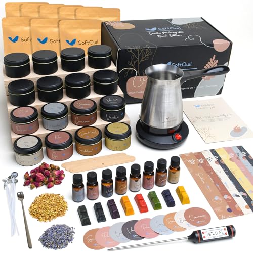 SoftOwl Premium Soy Candle Making Kit - Black Edition - Full Set with Electric Melter - Soy Wax, Big 16 Tins, 8 Pleasant Scents, 8x2 Color Dyes & More - Perfect as Home Decorations