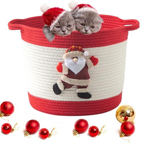Image of Christmas Basket with Santa Claus Doll, Woven Cotton Rope Christmas Storage Basket with Handles, Christmas Toy Baskets for Towels, Diapers, Red
