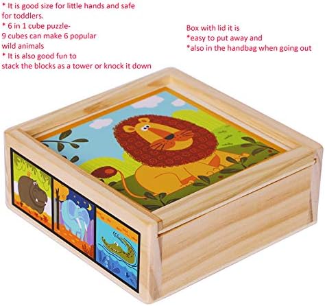 TOWO Wooden Blocks Cube Puzzles for Kids - Wooden Cube Jigsaw Puzzles 9 Wooden Cubes Blocks 6 Wild Animals Pictures in a Wooden Box - Wooden Toys Gift Stocking Fillers Stuffers for 2 years old