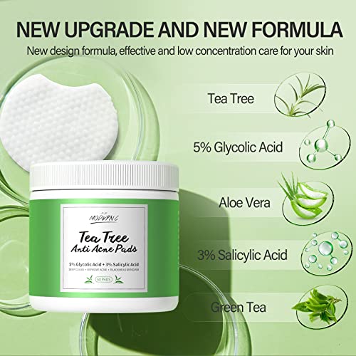 Tea Tree Facial Peeling Pads Anti Acne Blackhead Remover Glycolic Acid Pads Exfoliating And Resurfacing For Face & Body Scrubber With Salicylic Acid Exfoliates Cleansing Pad Anti-Aging Dark Spot Pores Wrinkles 100% Pure Cotton 60 Counts #TOP3