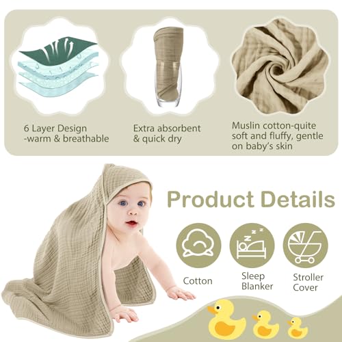 Image of Peryiter 4 Pcs Muslin Hooded Baby Towels, 32 inchx 32 inch Cotton Newborn Bath Towel Muslin Infant Baby Blankets Absorbent Unisex Newborn Registry Gift Essentials for Girls Boys (Gray Series)